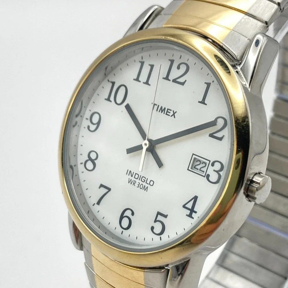 Timex Easy Reader Men's Watch 35mm Silver Gold Tone Indiglo Stretch New Battery